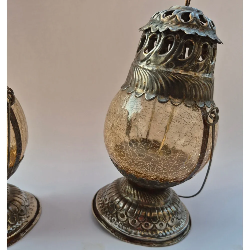 Vintage Silver Tone Crackle Glass Tea Light Lanterns Set of 2 Amber Boho Decor